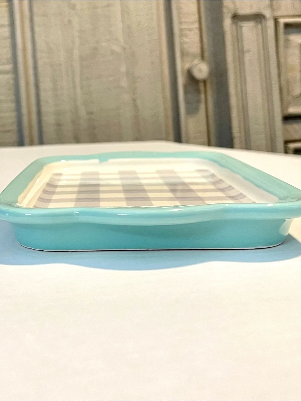 *EUC* Pioneer Woman Sweet Romance Gingham Design-DBL Butter Dish Base -Blue~Grey